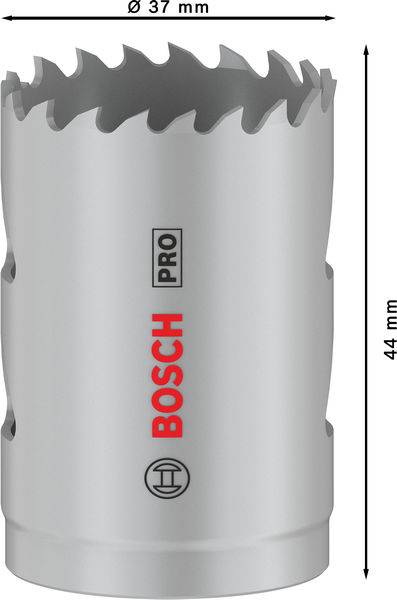 Metalen gatenzaag met getande messen, Bosch-logo, 37 mm diameter, 44 mm lengte. Ideaal voor nauwkeurige boringen in metaal.