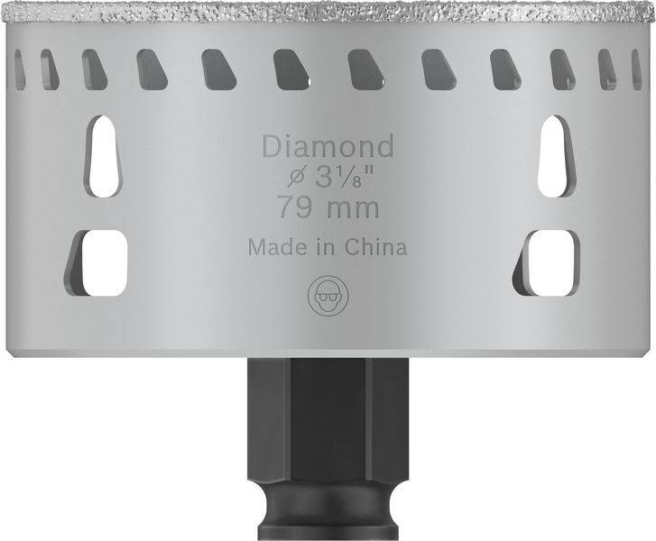 Zilveren, cilindrische gatenzaag met het opschrift 'Diamond 3-1/8" 79 mm' en 'Made in China'.