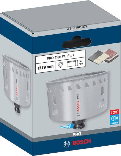 Bosch Boorkroon PRO Tegel PC Plus, 79 mm diameter, voor tegels. Verpakking toont productafbeelding en benadrukt 'Lange levensduur'.