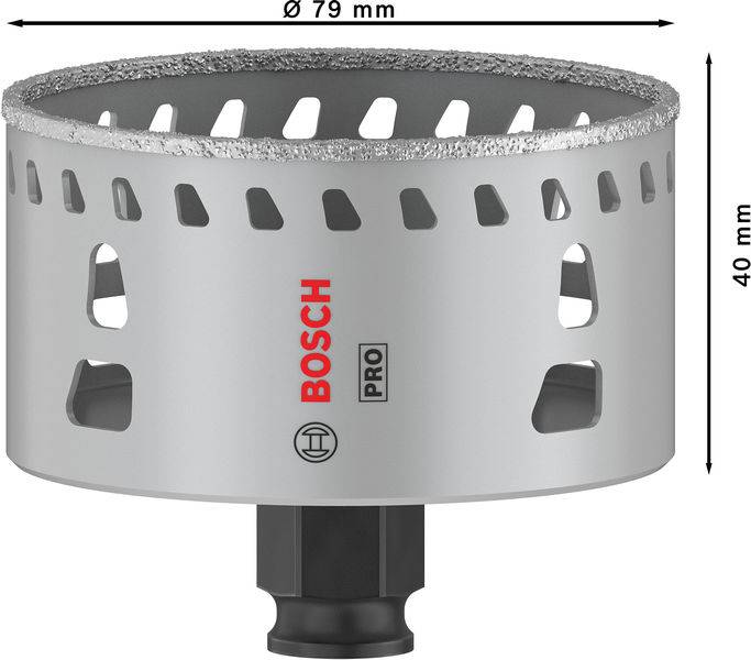 Metalen gatenzaag met 79 mm diameter en 40 mm diepte, merk 'BOSCH PRO'. Geschikt voor precisiesnedes in verschillende materialen.