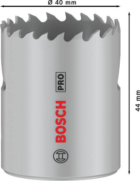 'Zaagkroon met Bosch-logo, diameter 40 mm, hoogte 44 mm, getande rand, zilverkleurig, voor precisiegaten.'