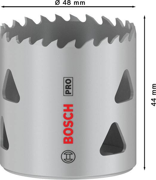 'Metalen gatenzaag van Bosch, diameter 48 mm, hoogte 44 mm, gezaagde snijdende tanden, symbool voor precisie en duurzaamheid.'