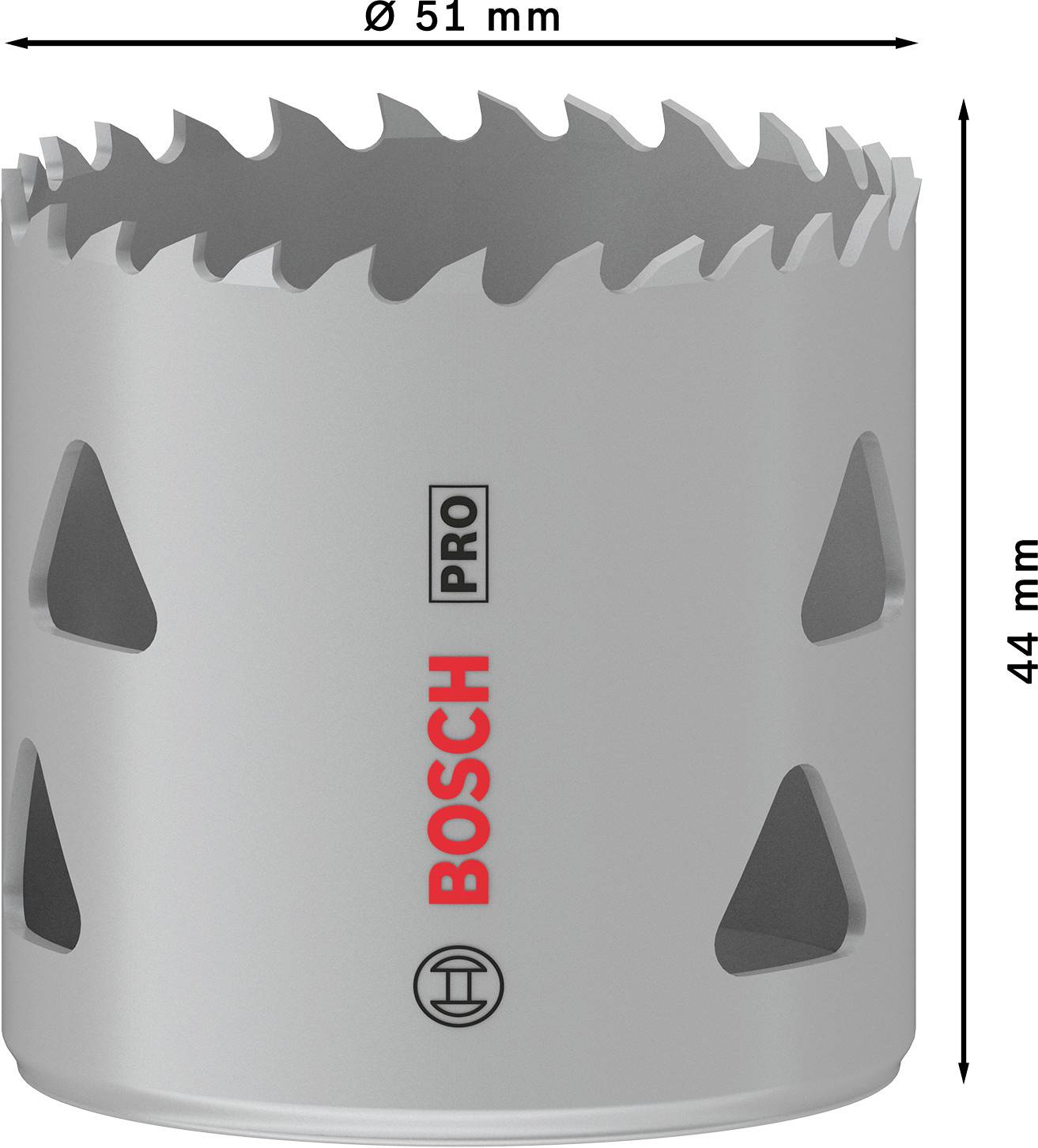 'Bosch Pro' gatenzaag met 51 mm diameter en 44 mm lengte. Zilver design met rood logo, geschikt voor nauwkeurig boren.