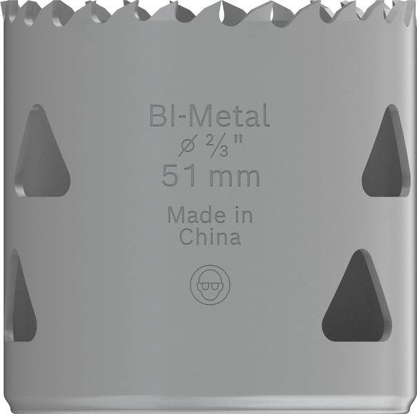 Bimetalen boorbekroning, diameter 51 mm, met opschrift 'Made in China'.