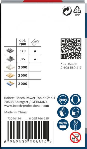 'Packaging of Bosch sanding sheets. Table with RPM for different materials. QR code and warning notices. Manufactured in China.'