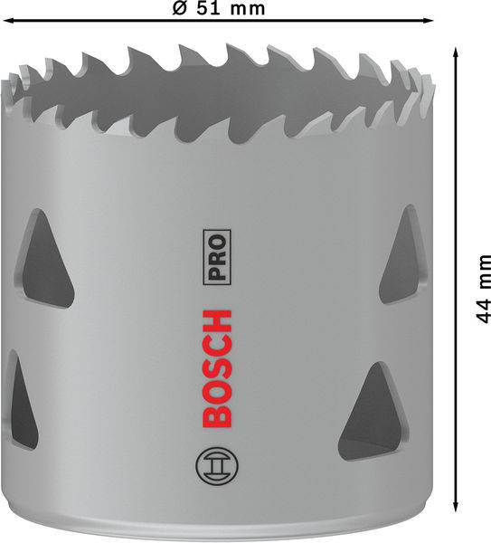 Grijze gatenzaag met scherpe tanden. Gemerkt met 'BOSCH PRO'. Diameter 51 mm, hoogte 44 mm.