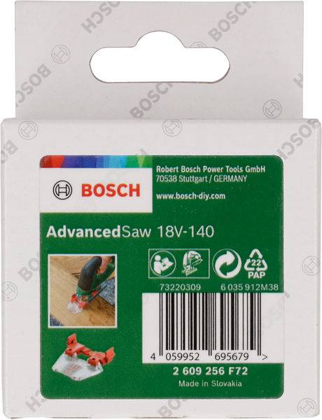 De verpakking van een Bosch AdvancedSaw 18V-140 zaag toont een afbeelding van de zaag in gebruik, technische specificaties en een streepjescode.