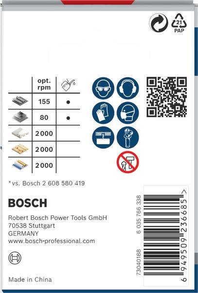 'Verpakkingsetiket van Bosch. Inclusief tabel met optimale toerental per minuut voor verschillende materialen en beschermingssymbolen.'