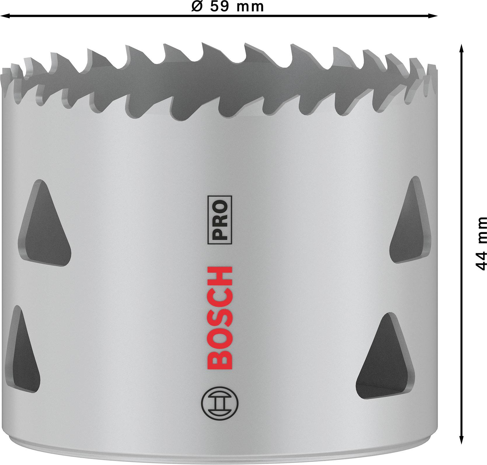 Boorkroon van Bosch, diameter 59 mm, hoogte 44 mm, zilverkleurig, getande rand, geschikt voor boormachine-toepassingen.