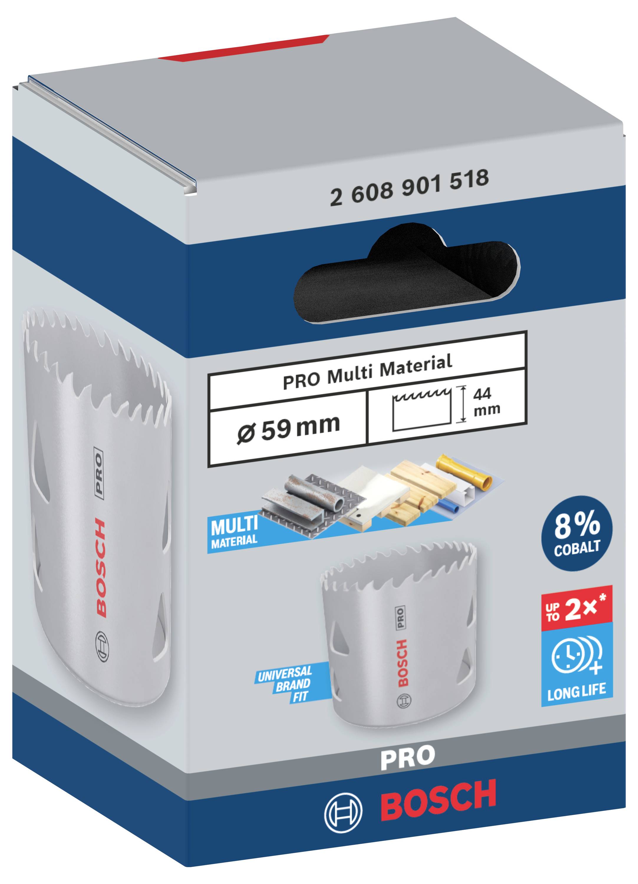 Verpakking van een Bosch Pro gatenzaagblad, diameter 59 mm, 8% kobalt, geschikt voor verschillende materialen, duurzaam.