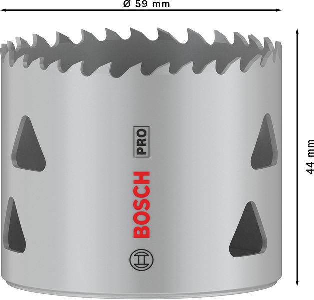 Gatenzaag van Bosch, 59 mm diameter, 44 mm hoogte, geschikt voor precies boren in hout en metaal.