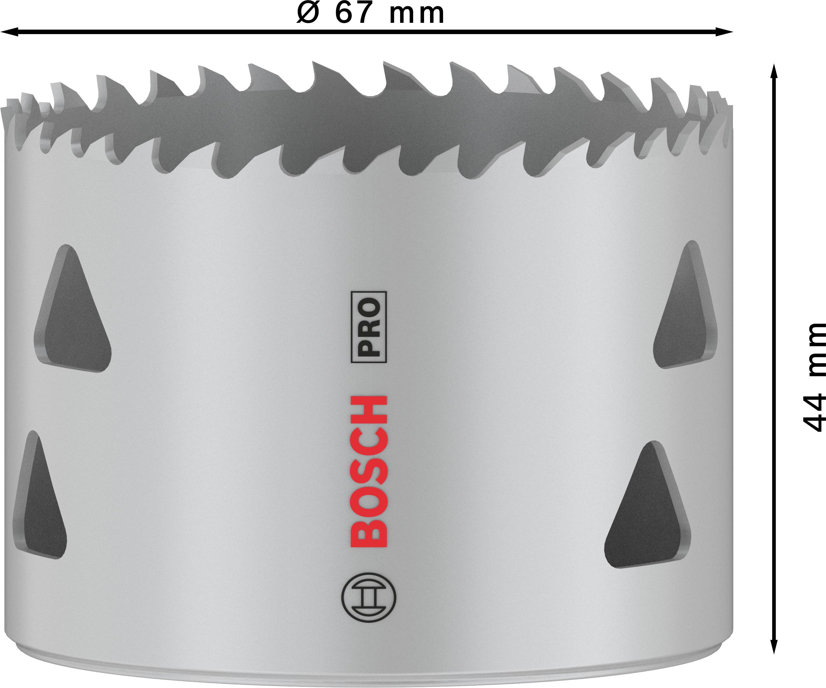 Metalen gatenzaag met 67 mm diameter en 44 mm zaagdiepte, zilverkleurig, merknaam 'BOSCH PRO' duidelijk zichtbaar.
