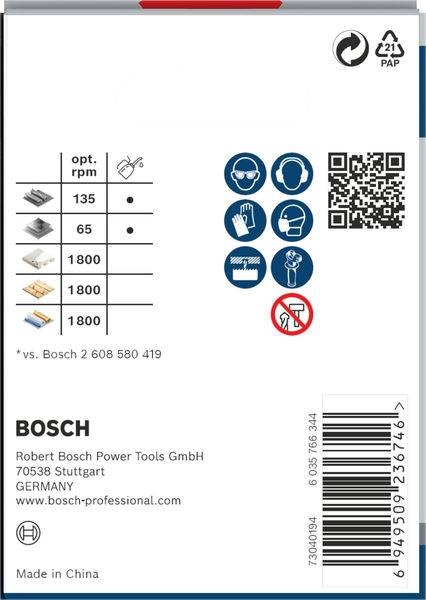 Achterkant van verpakking van Bosch Power Tools. Toont technische specificaties, veiligheidspictogrammen en QR-code. Made in China.