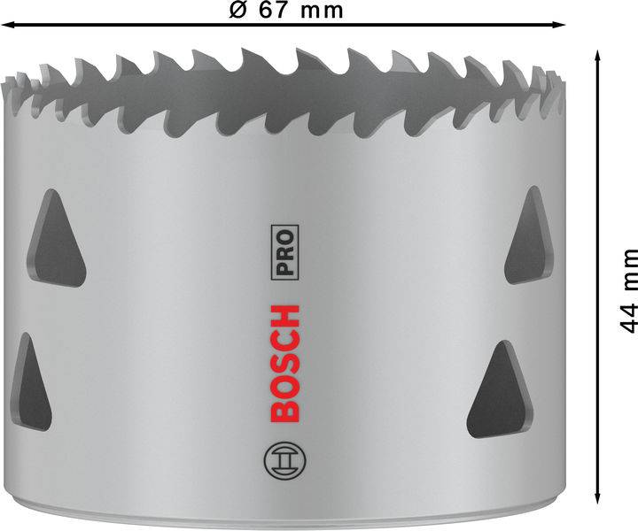 Boorkroon van Bosch met een diameter van 67 mm en een hoogte van 44 mm. Deze heeft getande randen en zijdelingse openingen.