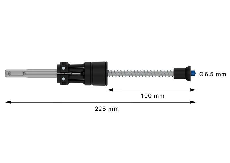 Technische tekening van een metalen pen met kunststof handgreep. Lengte: 225 mm, diameter: 6,5 mm, uitstekend: 100 mm.