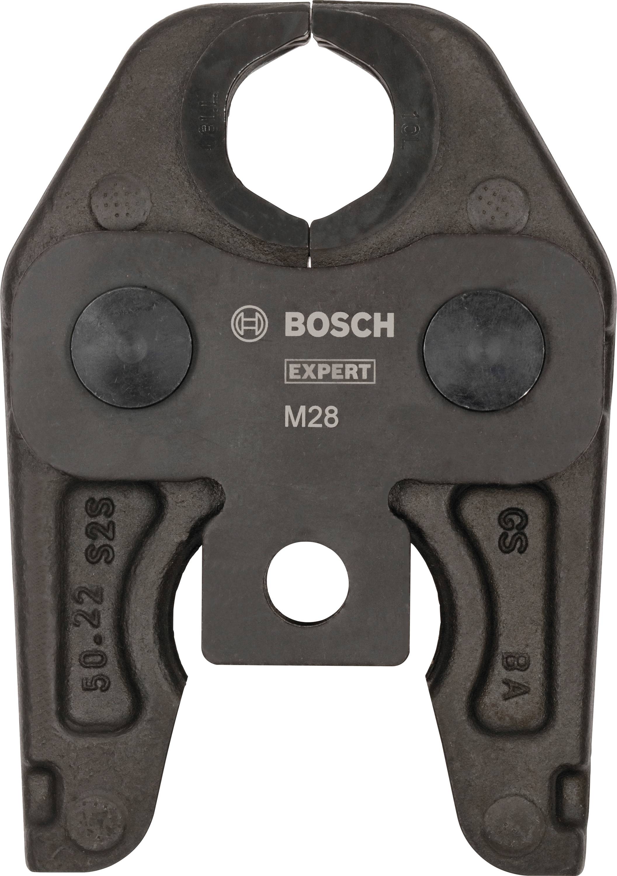 Krimptang van Bosch voor persfittingsystemen, model M28. Donkergrijs metaal met twee grote gaten en ingedrukt logo.
