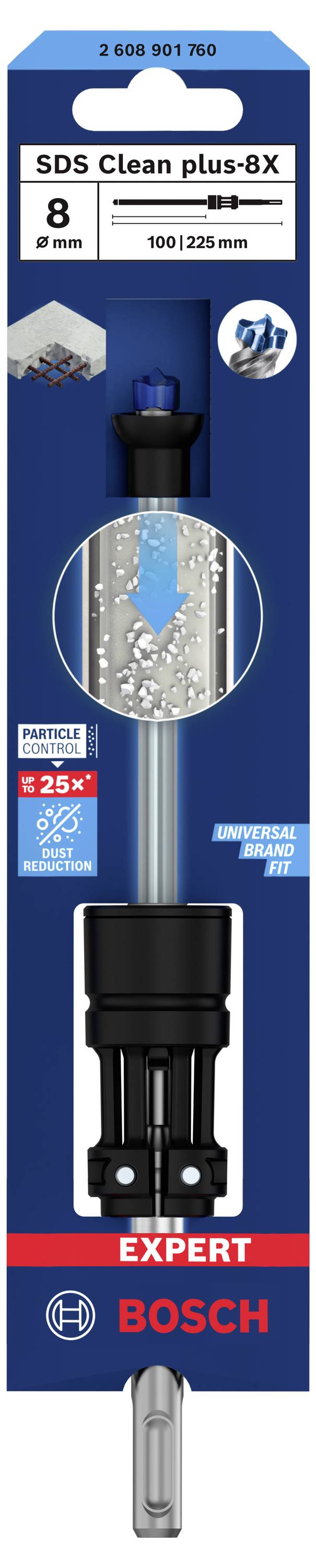 Verpakking van een Bosch Expert SDS Clean plus-8X boor, geschikt voor beton, diameter 8 mm, lengte 100/125 mm, betonafbeelding bovenaan.
