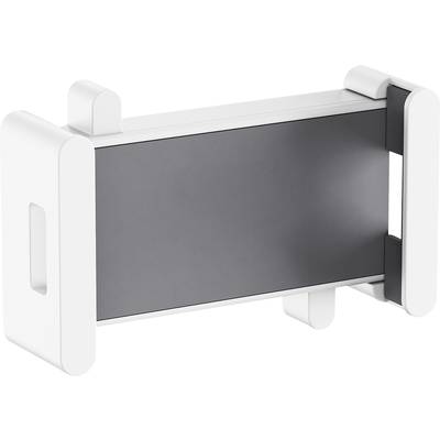 Een witte smartphonehouder met verstelbare steunen. Geschikt voor het horizontaal plaatsen van een smartphone.