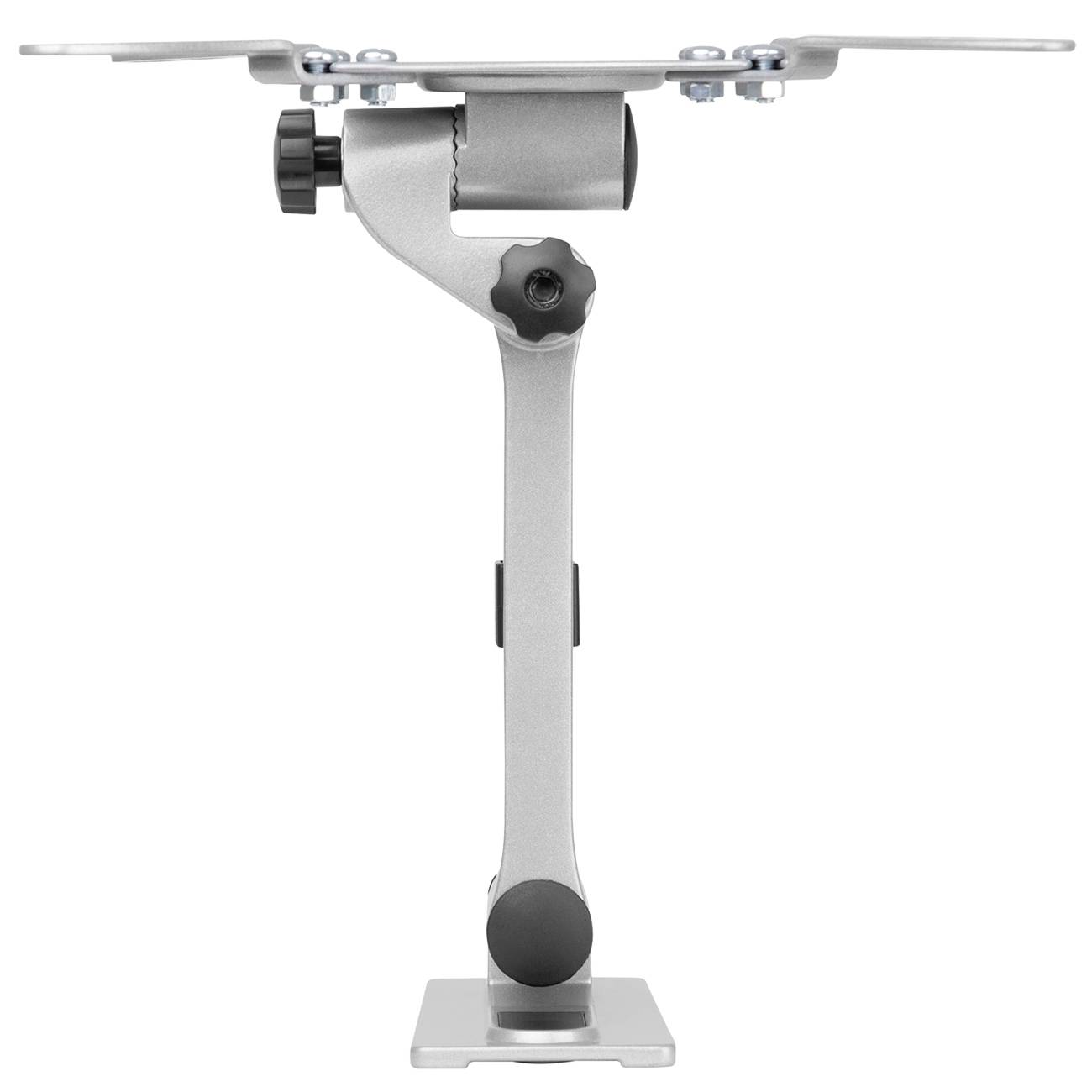 Metalen laptopstandaard met verstelbare hoek, gezien van opzij. Geschikt voor ergonomisch laptopgebruik.