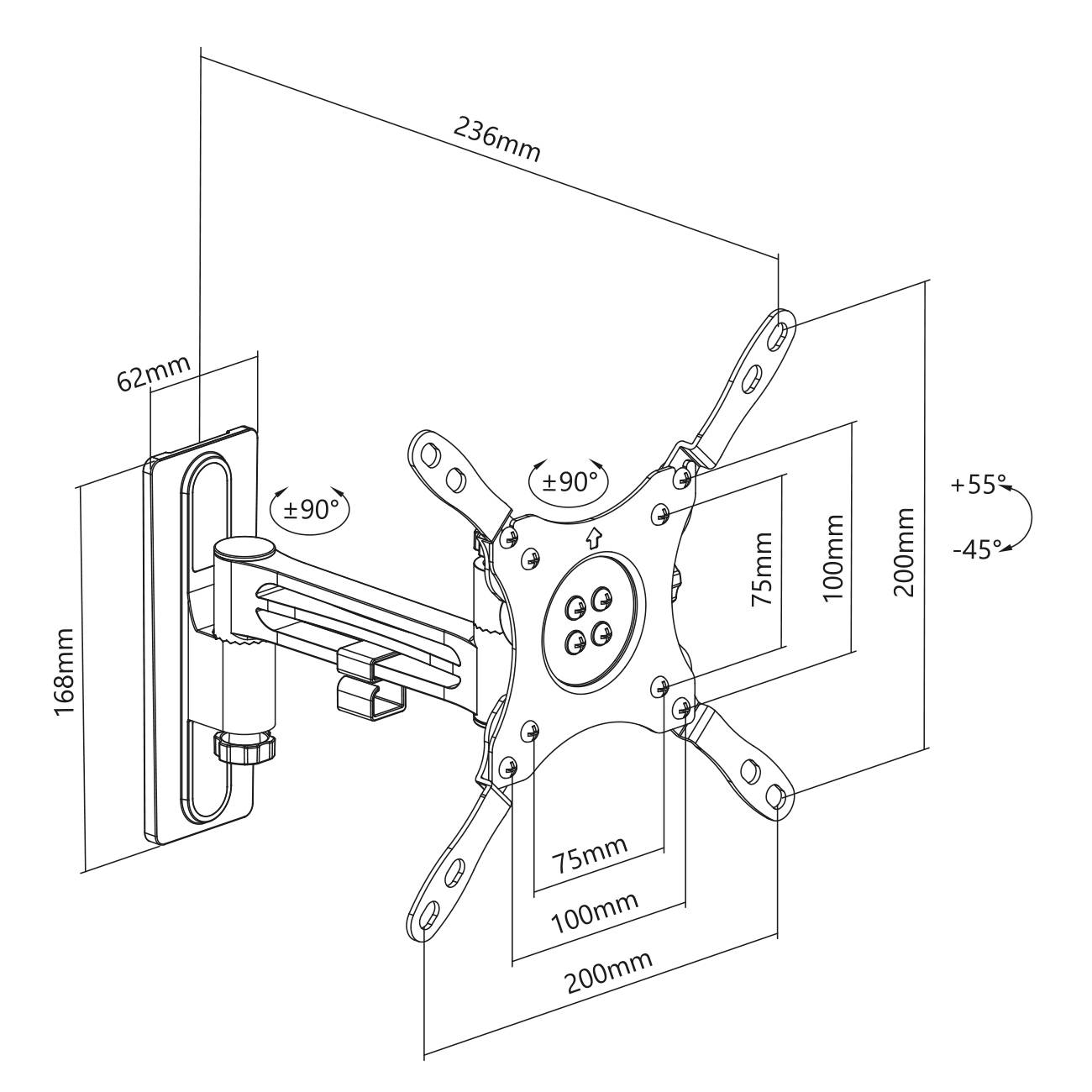 Wandbeugel voor monitor met verstelbare arm. Afmetingen: 236mm breedte, 168mm hoogte. Kantelhoek: +55 tot -45 graden. Draairadius: +/- 90 graden.