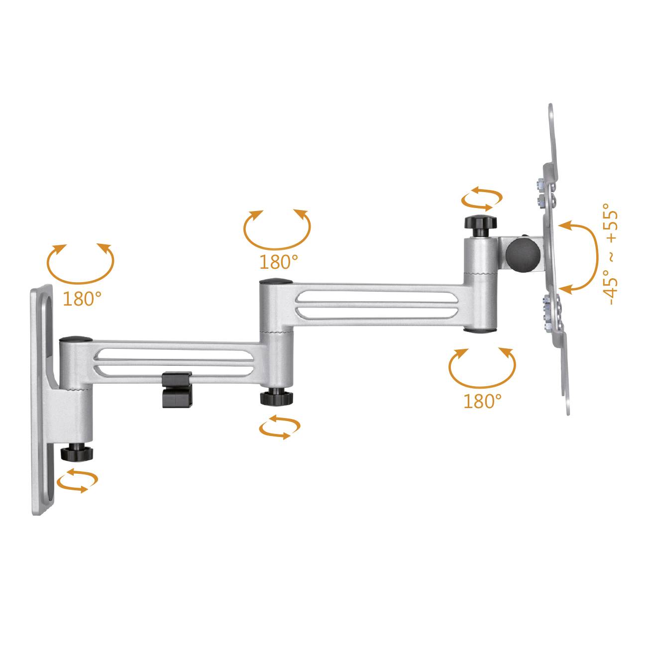 Een zwenkbare monitorarm met meerdere scharnieren toont rotatiehoekverdraaiing van 180 graden en kantelhoek van -45 tot +55 graden.