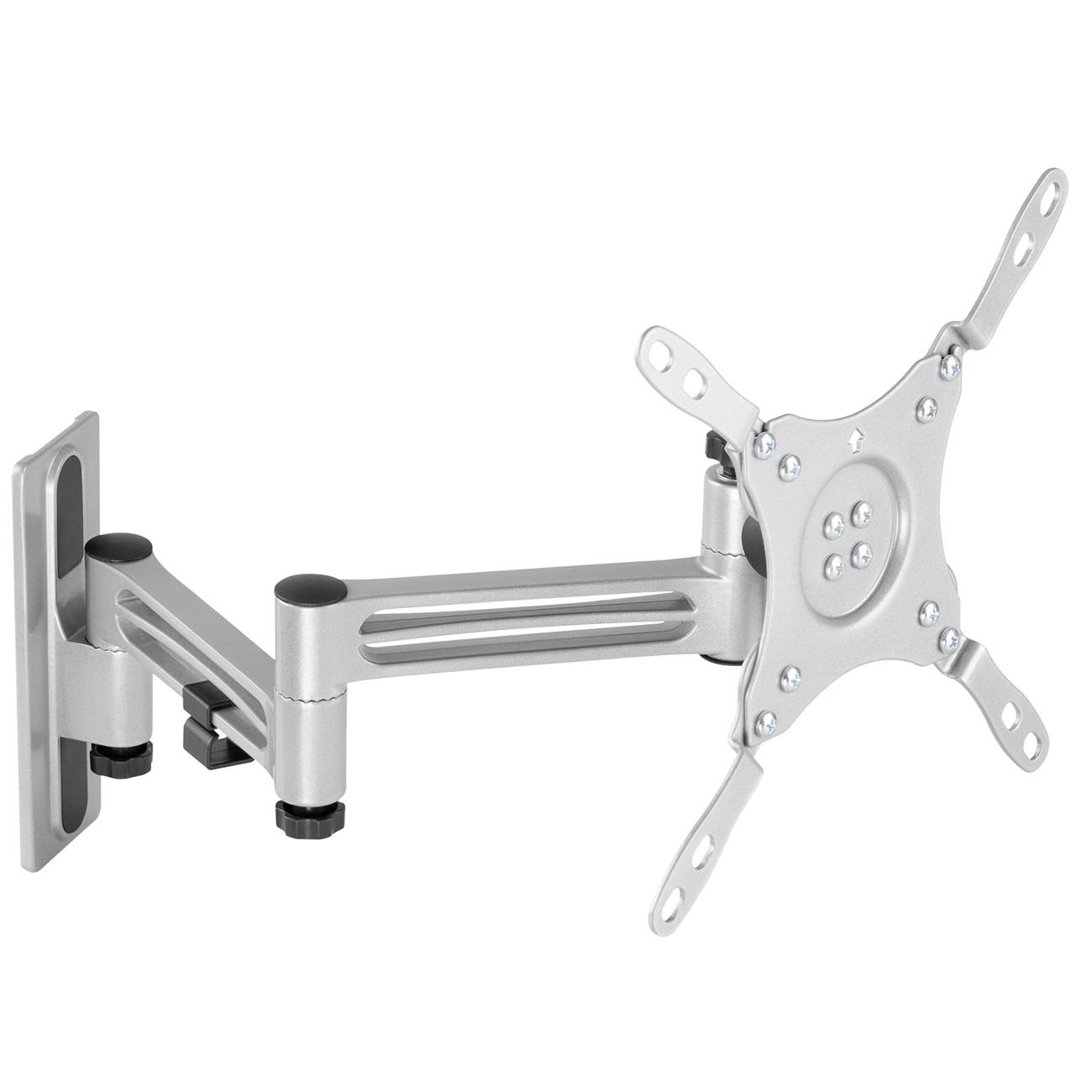 Een zilveren, verstelbare monitorsteun voor wandmontage, met een draaibare arm en een VESA-compatibele bevestigingsplaat.