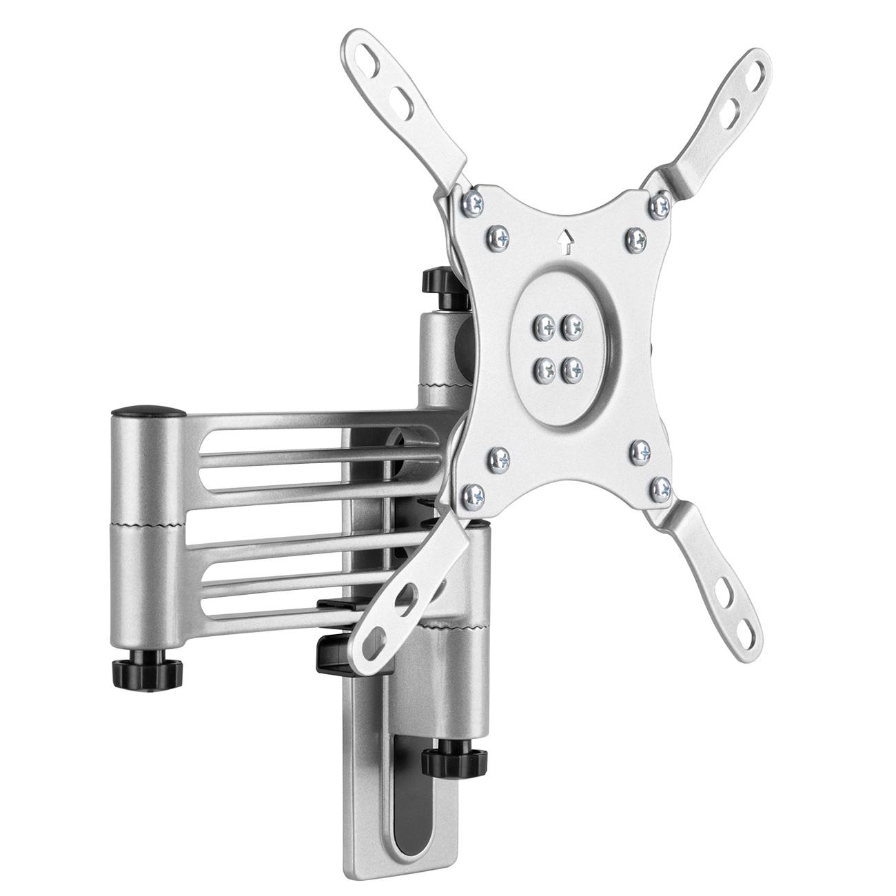 Metalen wandsteun voor monitoren of televisies, kantelbaar en draaibaar, met meerdere bevestigingspunten voor veelzijdige montage.