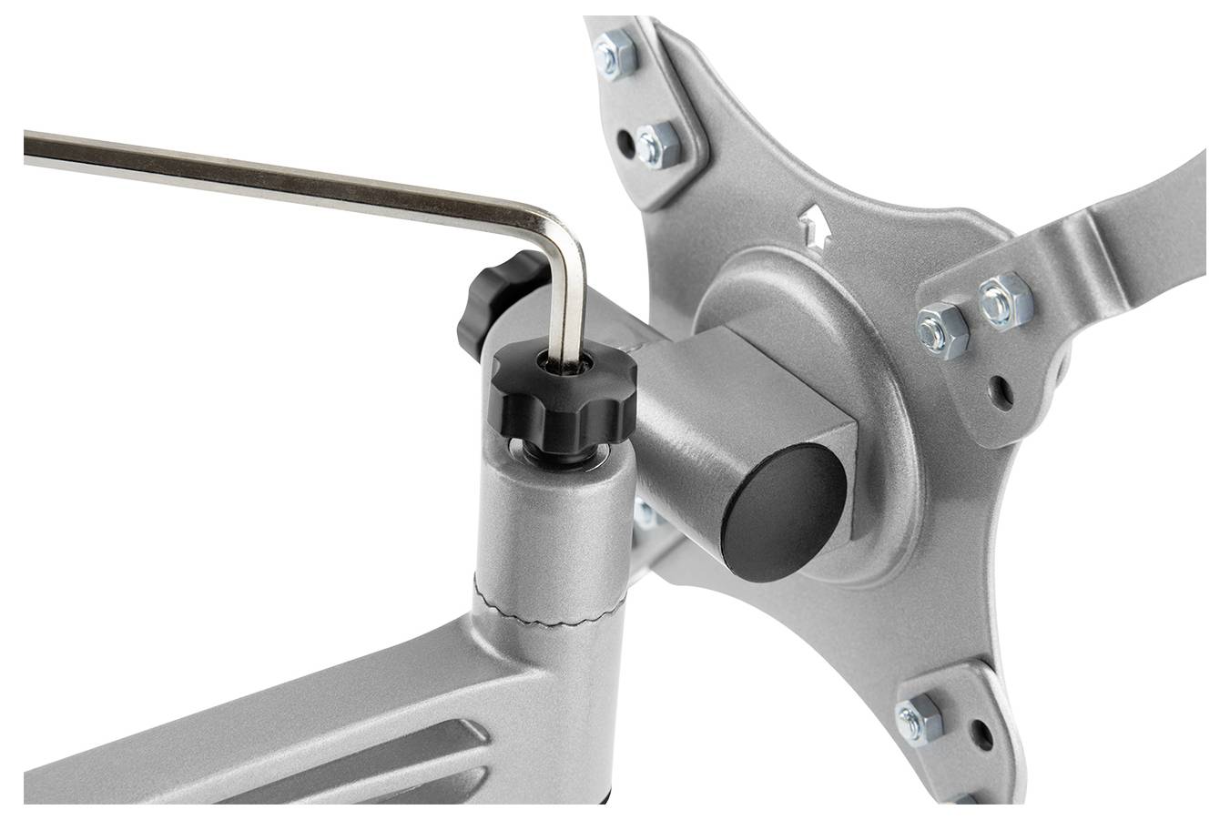 Monitorarm met montageschroeven. Een inbussleutel wordt gebruikt om de schroeven aan te draaien. Apparaathouder kan worden uitgelijnd.