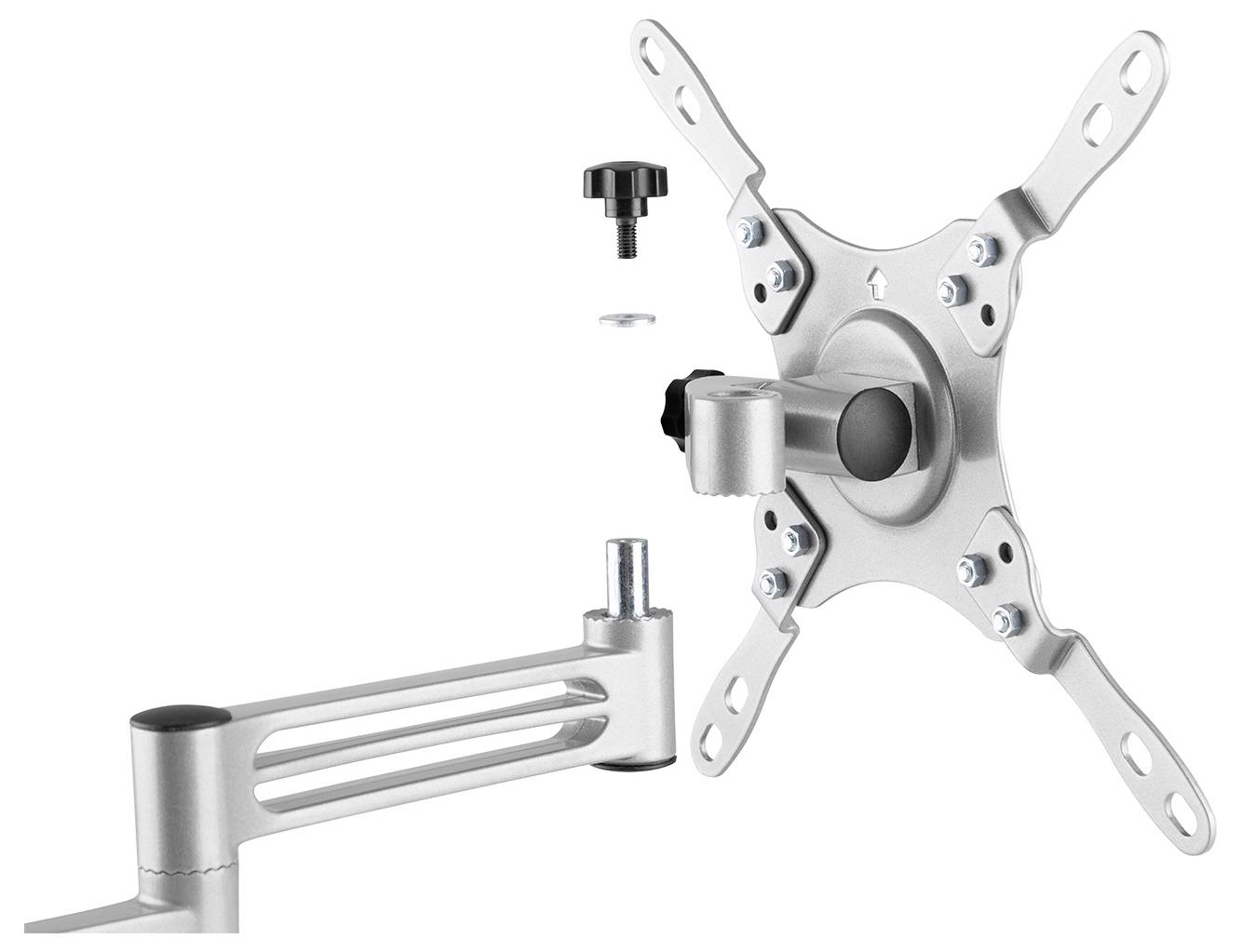 Computermonitorsteun in metaaluitvoering met verstelbare arm en schroefbevestiging, geschikt voor verschillende beeldschermformaten.