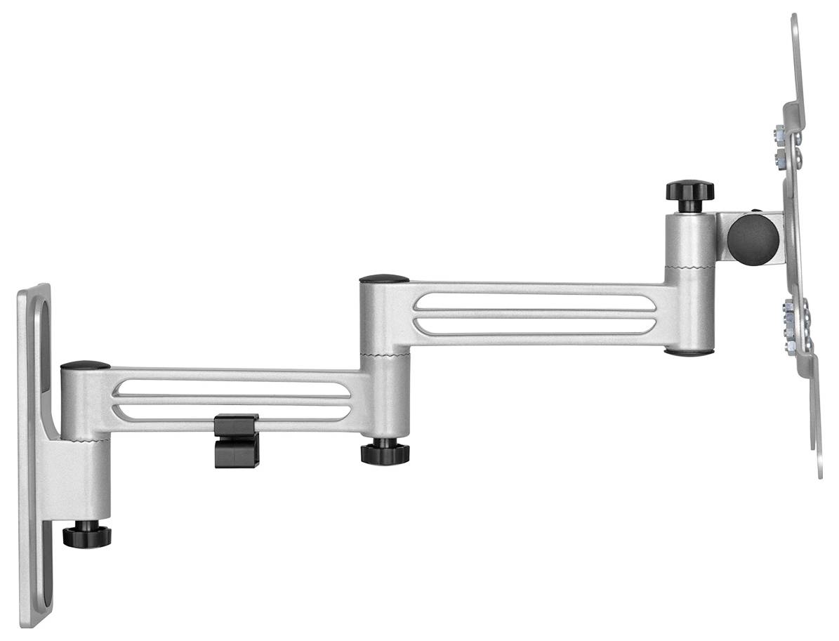 Zilveren wandsteun met draaibare armen voor het bevestigen van een monitor of televisie, verstelbaar voor flexibele positionering.