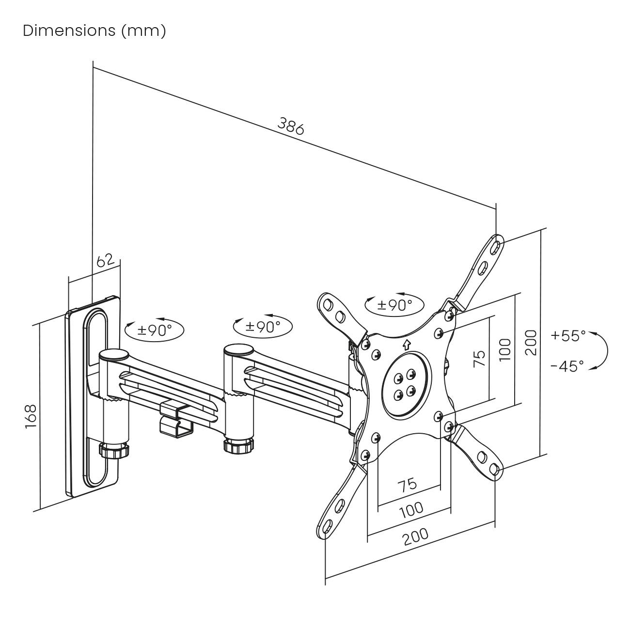 'Technische tekening van een draaibare monitorarm. Afmetingen in millimeters: 386 breedte, 168 hoogte. Draaibaar bereik: ±90° horizontaal, +55°/-45° verticaal.'
