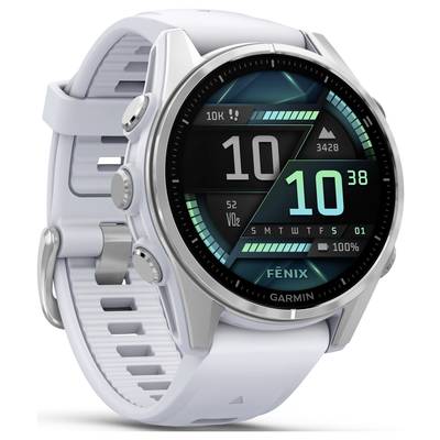 Zilveren smartwatch met rond display, toont fitnessgegevens zoals stappen, hartslag en tijd. Tijd: 10:38. Merk: Garmin.