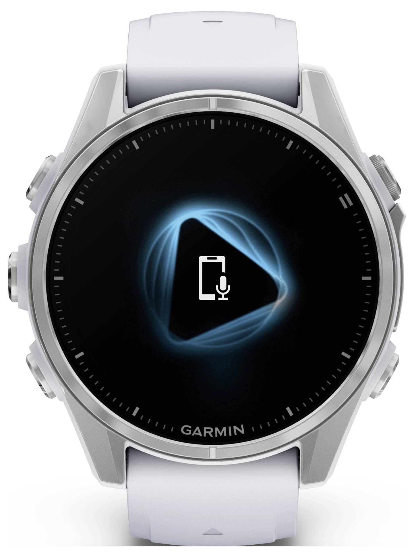 Een digitaal smartwatch met een rond display toont een symbool voor spraakherkenning en een smartphone, wat een verbinding voorstelt.