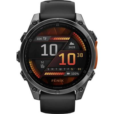 Een zwarte smartwatch toont de tijd 10:10, stappen, hartslag en andere fitnessgegevens op een digitaal display.