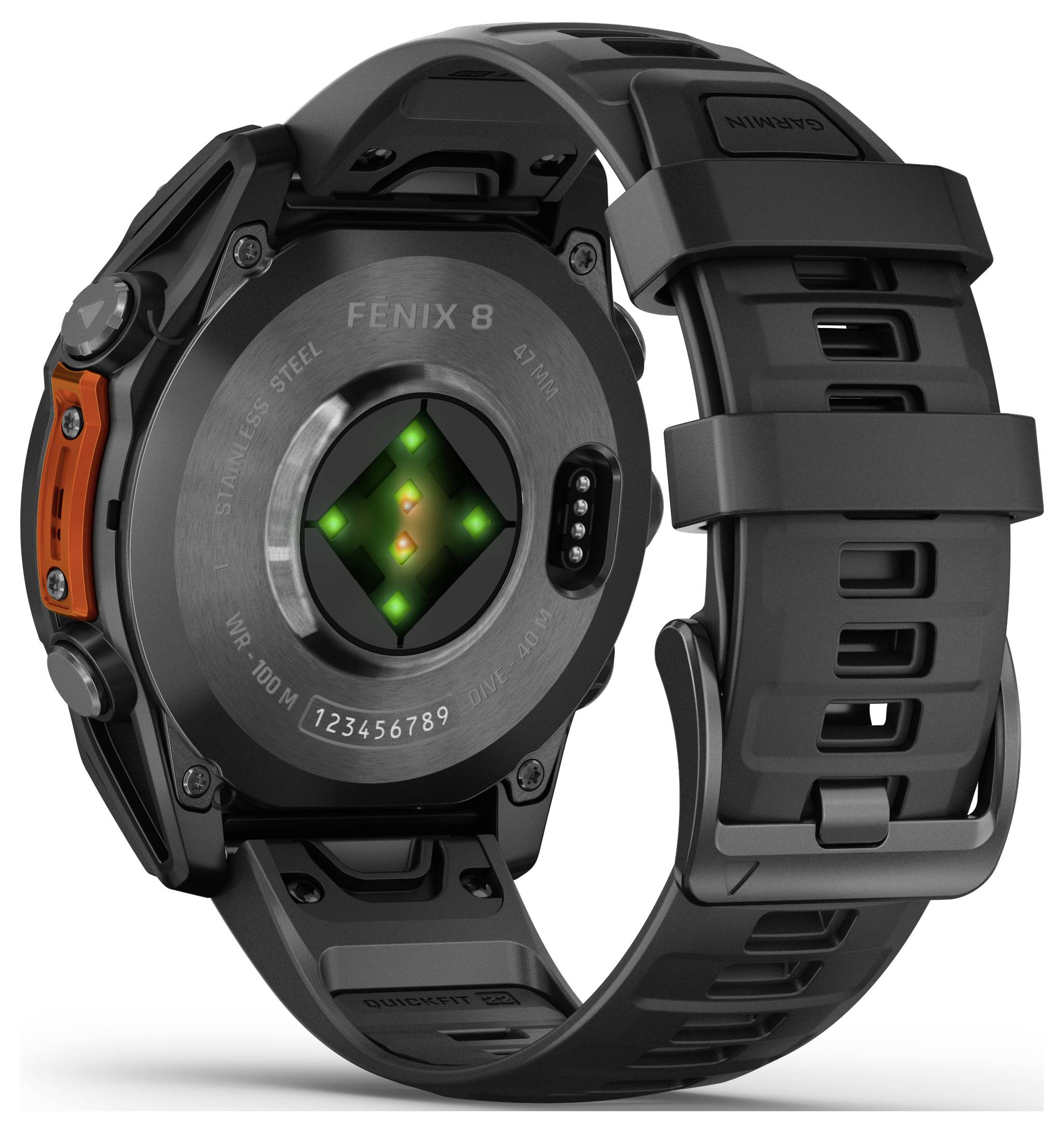 Een smartwatch met een ronde achterkant, zwarte polsband en een oranje knop. Toont groene LED's en een hartslagmeter.