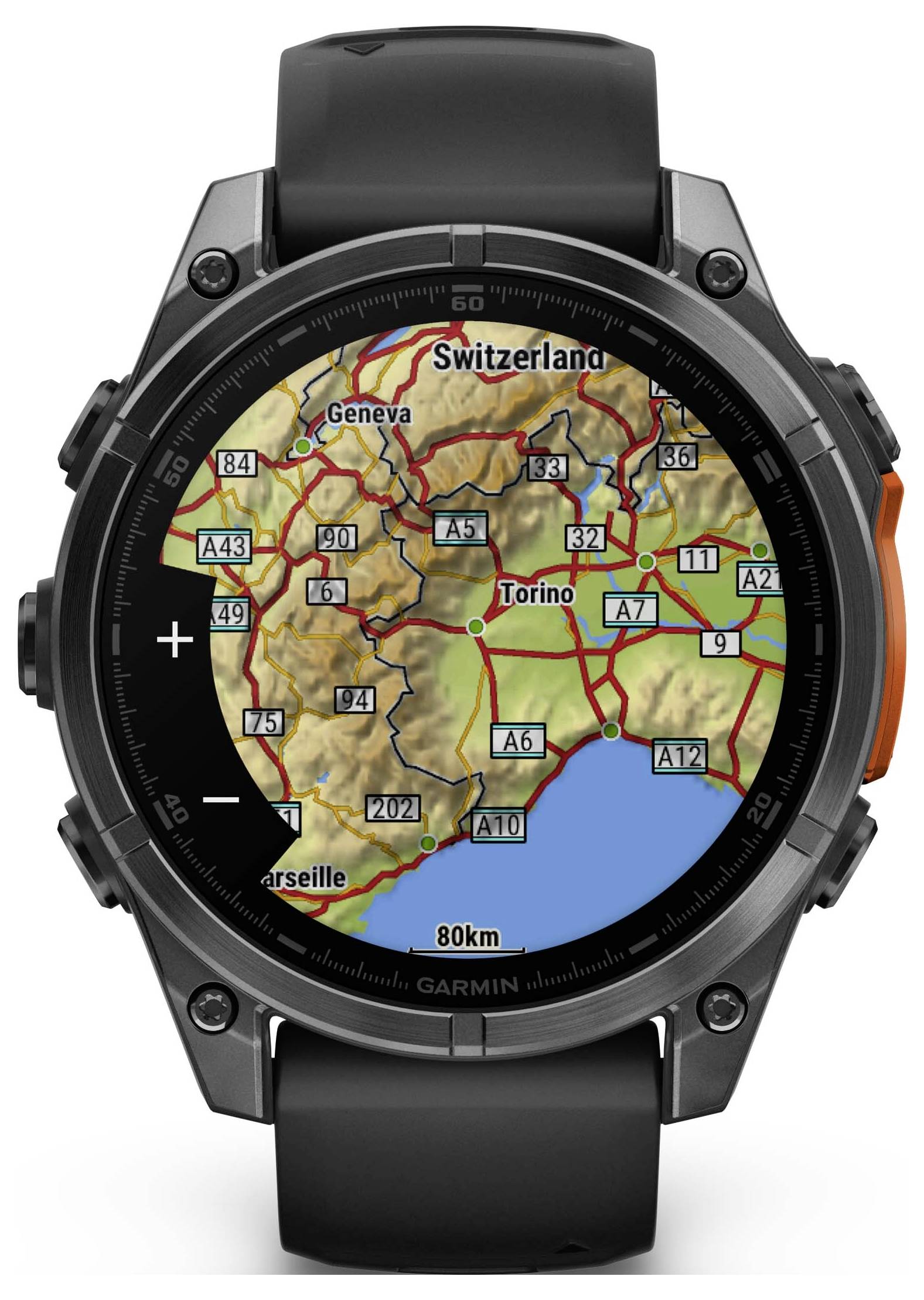 Smartwatch toont een kaart met wegen in Noord-Italië en delen van Zwitserland. Hoofdsteden zoals Turijn, Genève en Bern zijn gemarkeerd.
