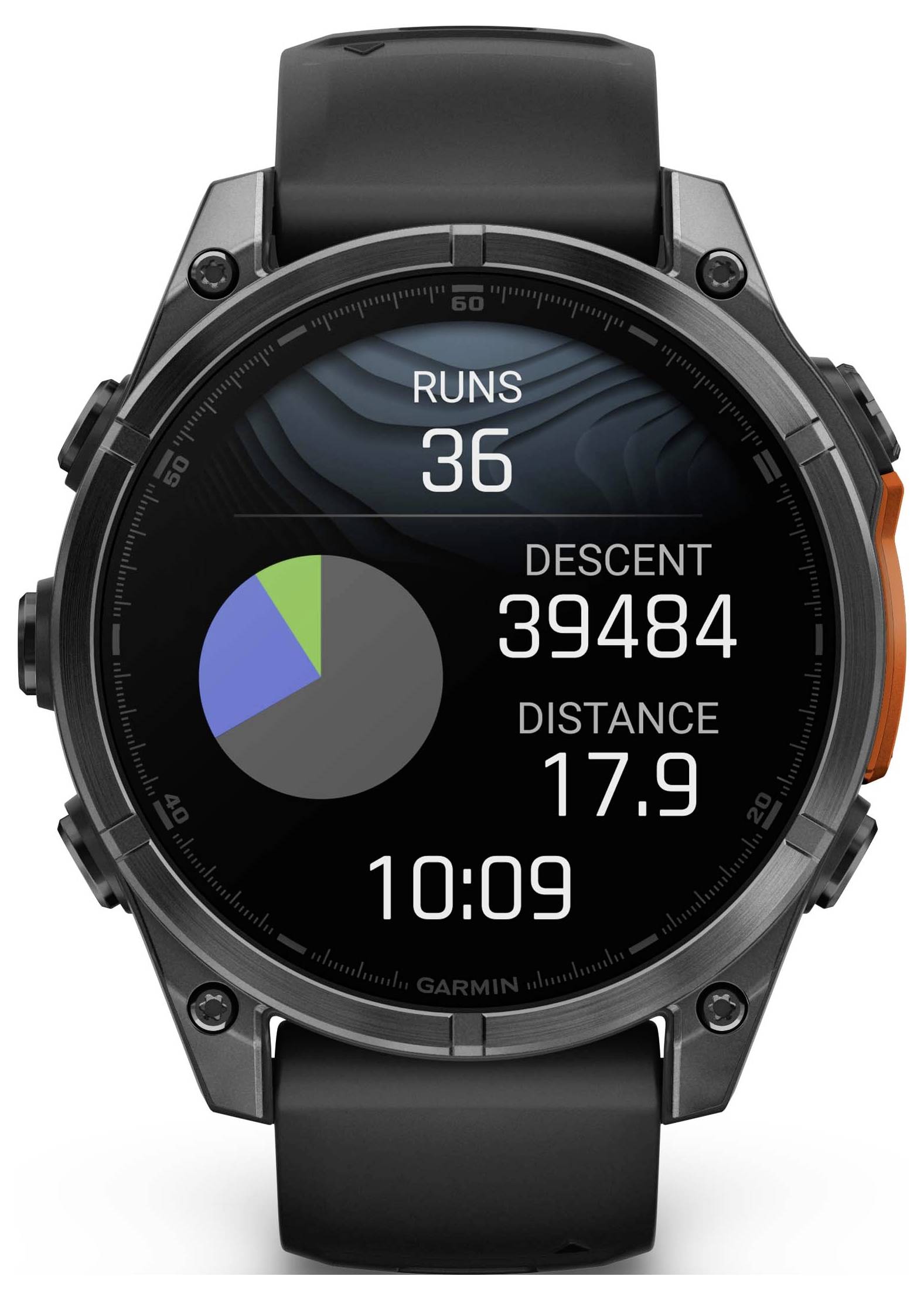 Smartwatch-display met loopgegevens: 36 runs, afdaling 39.484, afstand 17,9 km. Tijd 10:09. Diagram toont verdeling van activiteiten.