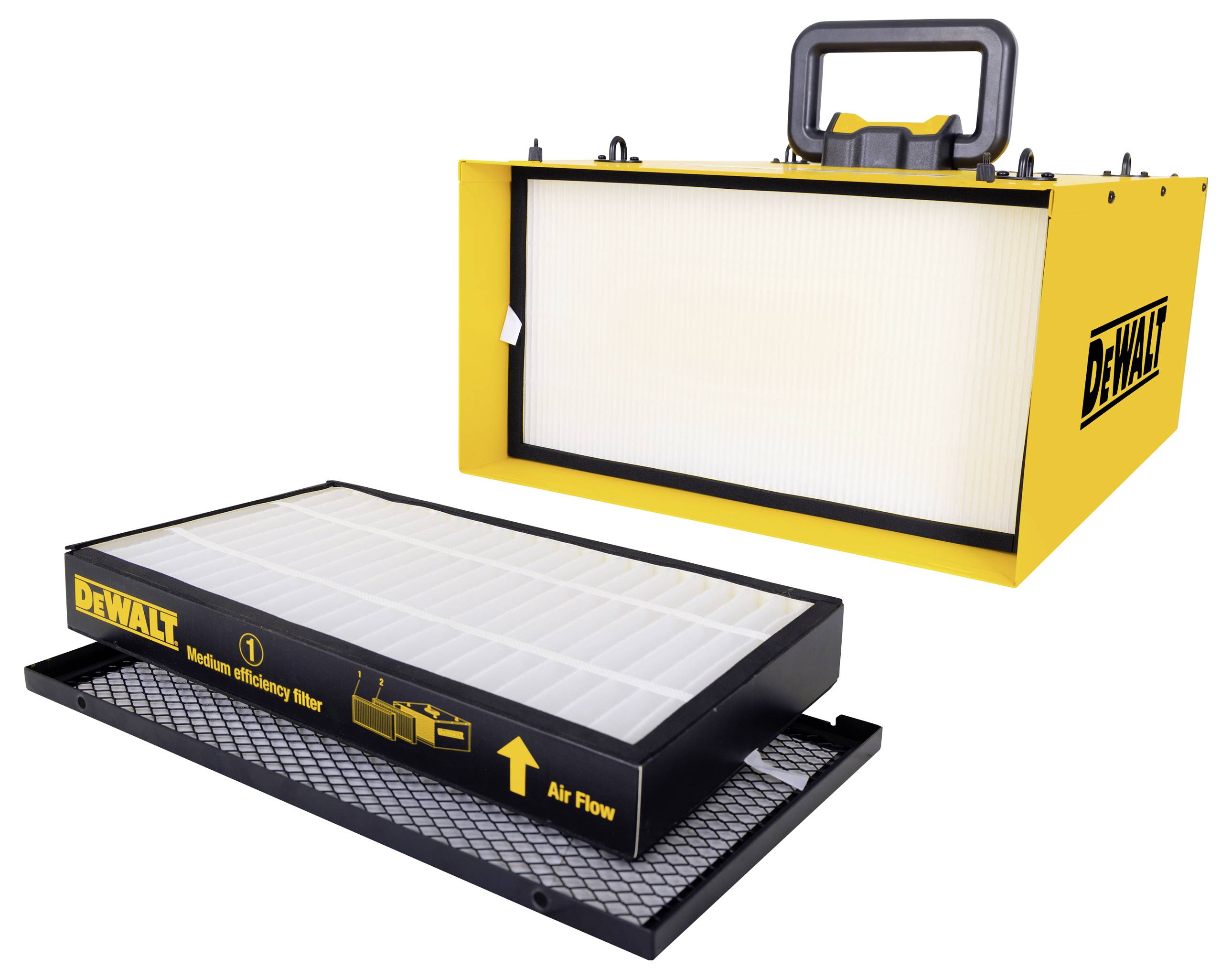 Geel DEWALT luchtfiltersysteem met filterelement. Het filter geeft een richting voor de luchtstroom aan.