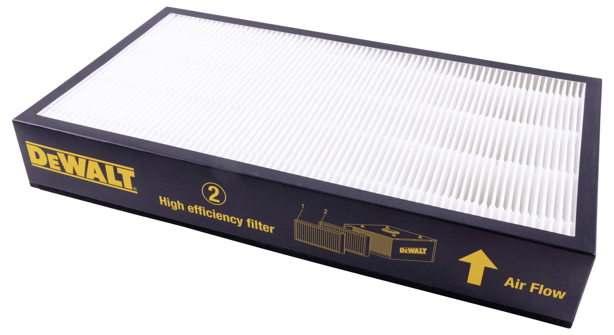 Een rechthoekige hoogrendementsfilter van DeWalt, met een pijl die de luchtstroom aangeeft en de tekst 'High efficiency filter'.