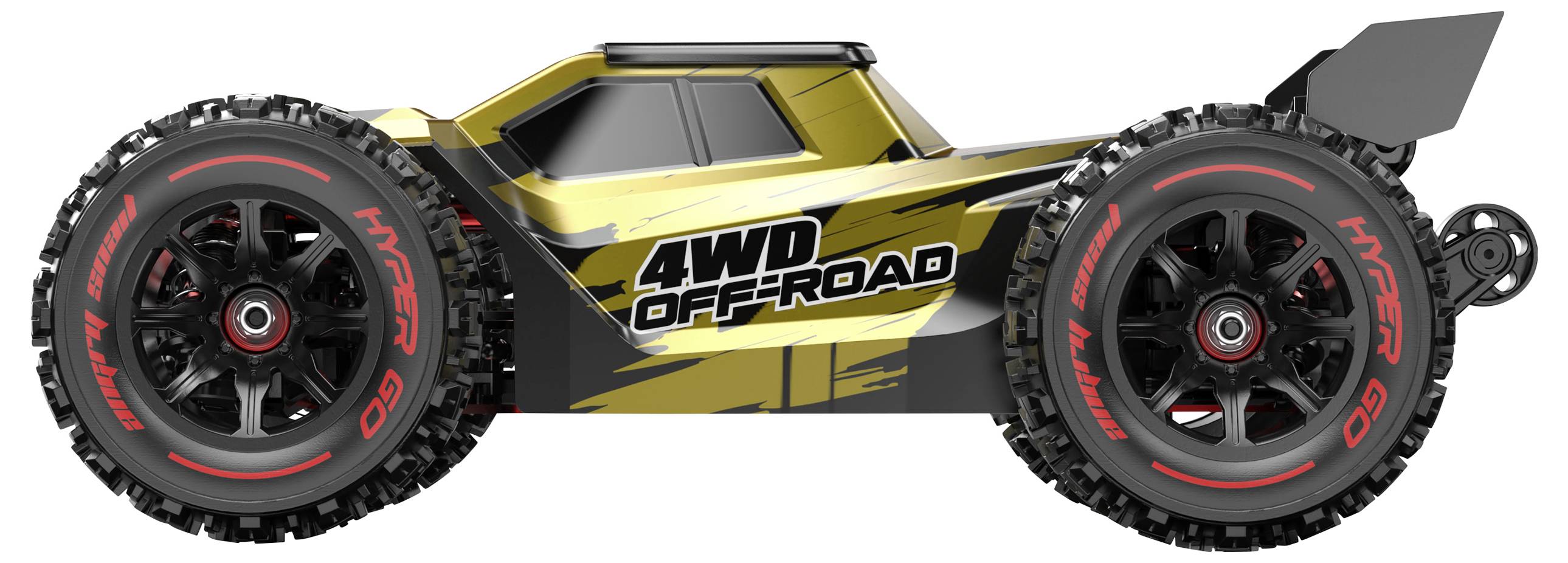 Geel afstandsbestuurbare terreinauto met grote banden en de tekst '4WD Offroad' aan de zijkant, zijaanzicht.