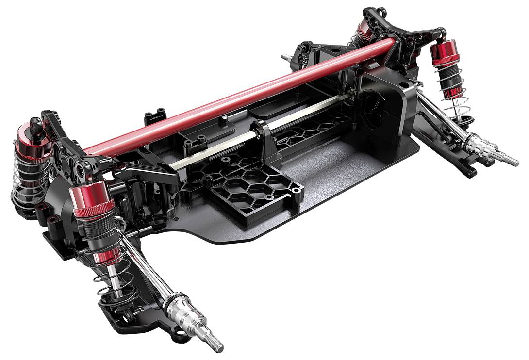 Een gedetailleerd model van een RC-auto-chassis met vering, schokdempers en draagarmen, voornamelijk in het zwart en rood uitgevoerd.