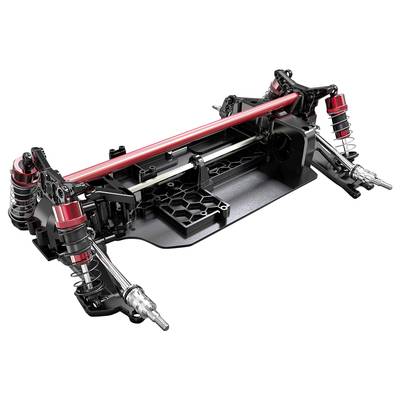 Een gedetailleerd model van een RC-auto-chassis met vering, schokdempers en draagarmen, voornamelijk in het zwart en rood uitgevoerd.