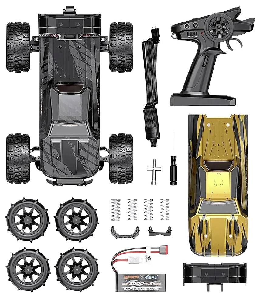Afstandsbediende auto-bouwpakket met twee carrosserieën (zwart, goud), afstandsbediening, vier extra wielen, oplader en gereedschappen.