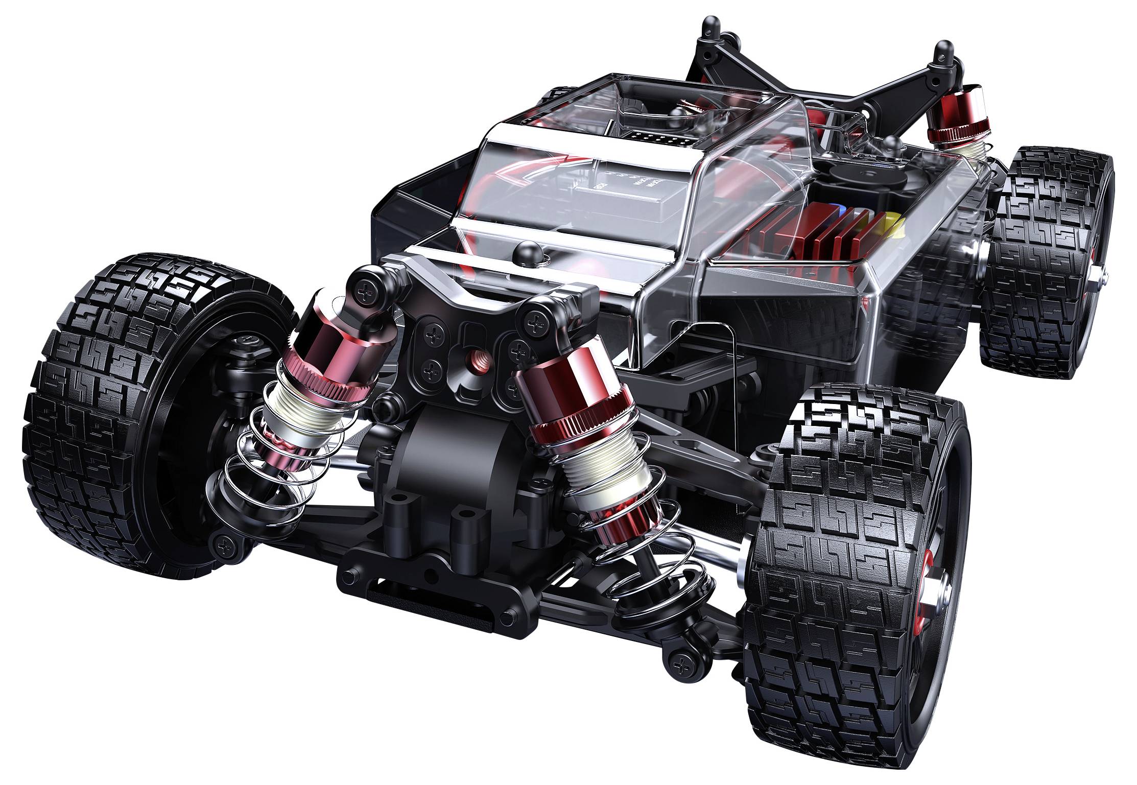 Een modelbil-chassis met grote banden, waarbij vering zichtbaar is en een transparant deel van het frame. Voornamelijk technische details.