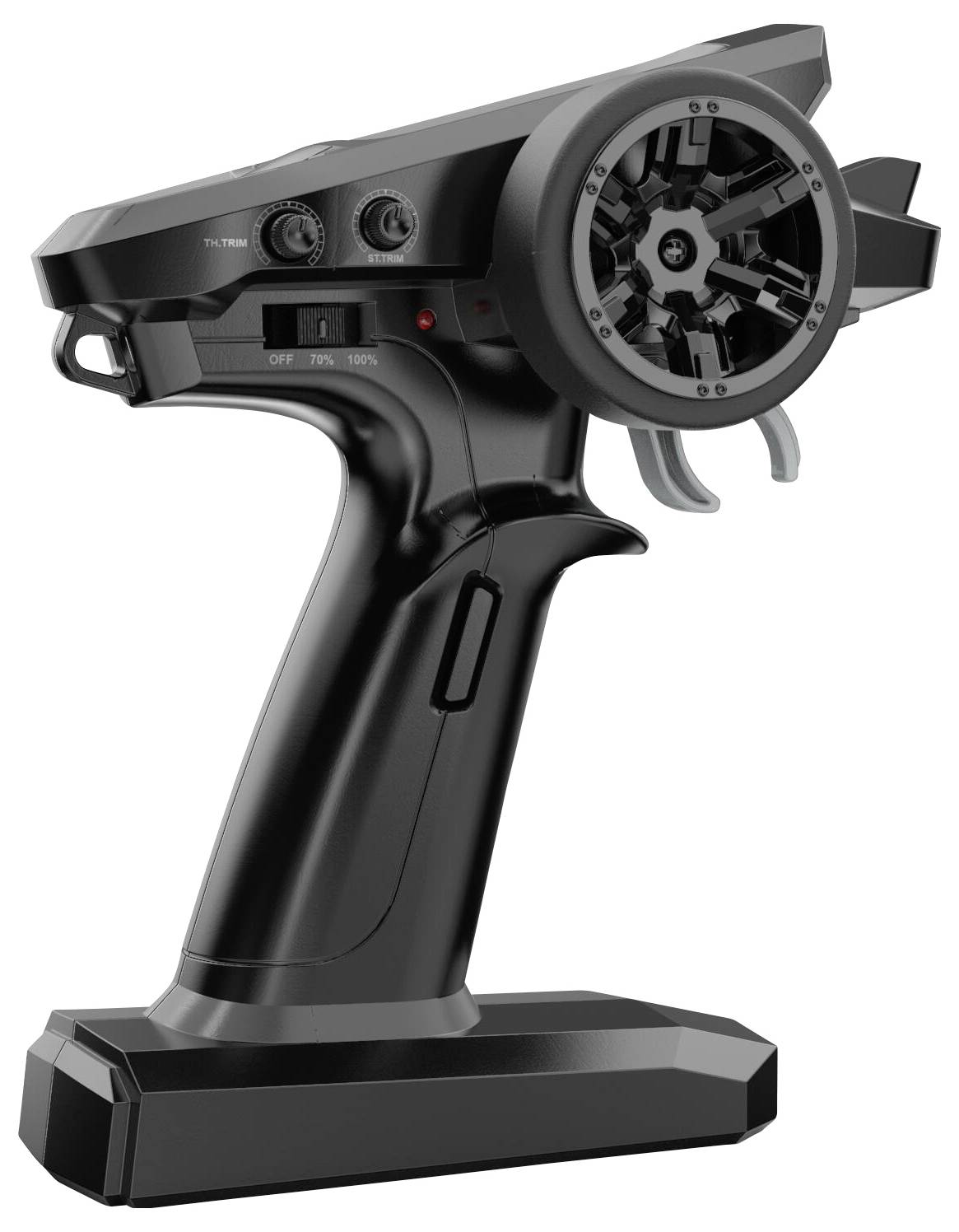 Zwarte afstandsbediening met stuurwiel en knoppen voor besturing, geschikt voor modeelauto's.