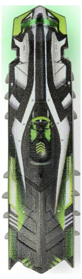 Een futuristisch raket- of ruimteschipontwerp, zwart en groen met oplichtende accenten, geschikt voor wetenschappelijke of creatieve projecten.