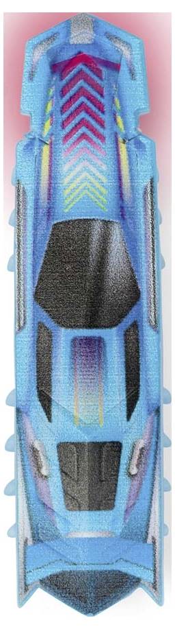 Bovenaanzicht van een futuristisch blauw speelgoedautootje met gekleurde strepen en een aerodynamisch ontwerp op een witte achtergrond.