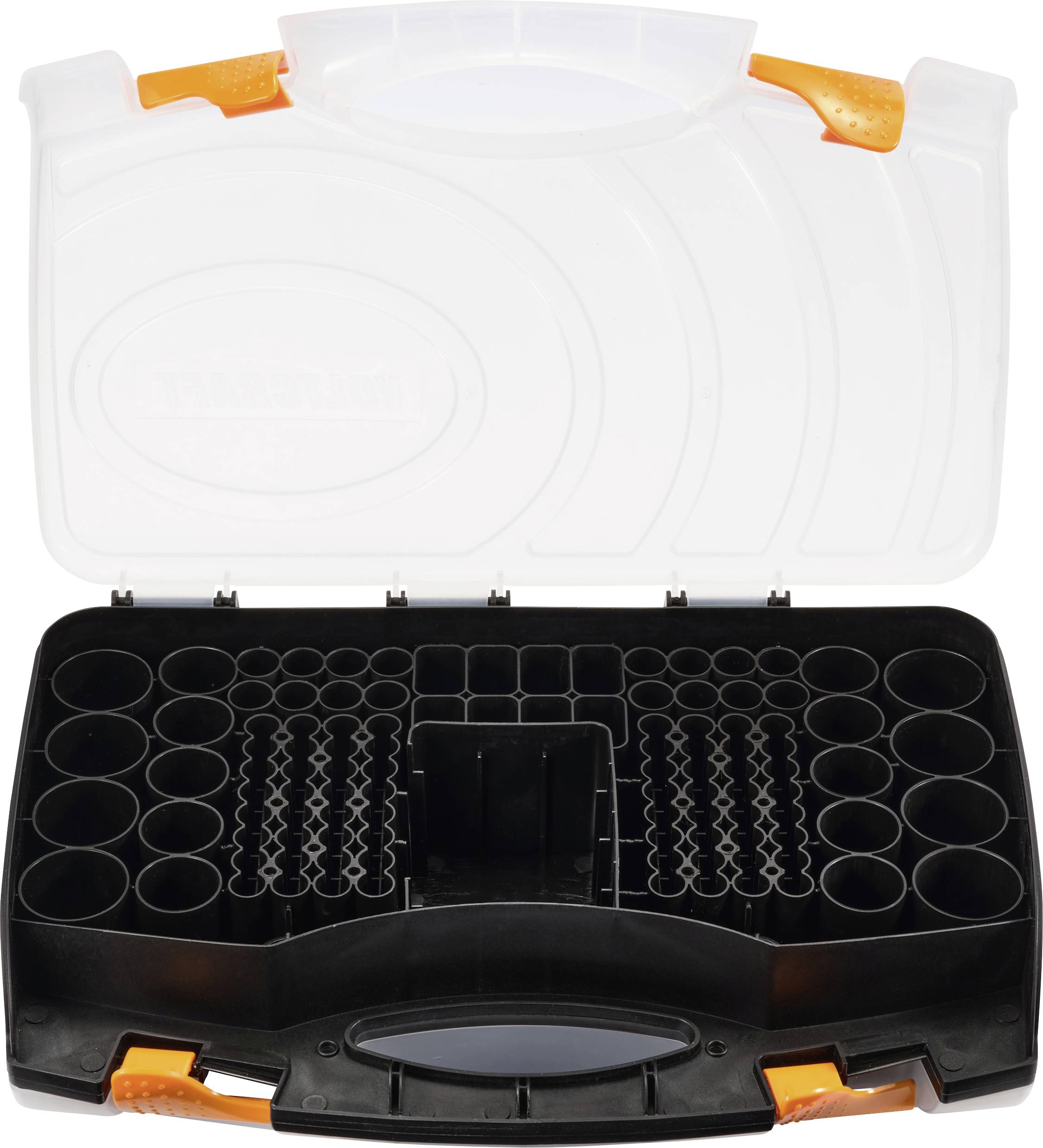 Opbergdoos met open deksel toont verschillende vakken voor kleine onderdelen, geschikt voor het organiseren van schroeven en toebehoren.