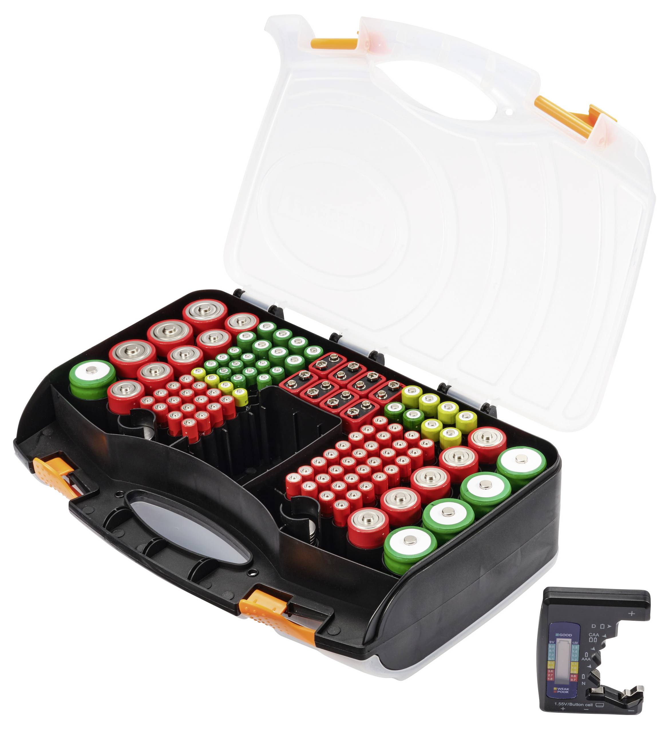Een transparante koffer bevat verschillende batterijen in diverse formaten, netjes gesorteerd. Ernaast ligt een batterijentester.