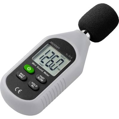 Geluidsniveaumeter met display toont 126,0 dB. Apparaat heeft zwart schuimstof op de microfoon. Toetsen: MAX/MIN, HOLD, FAST/SLOW.
